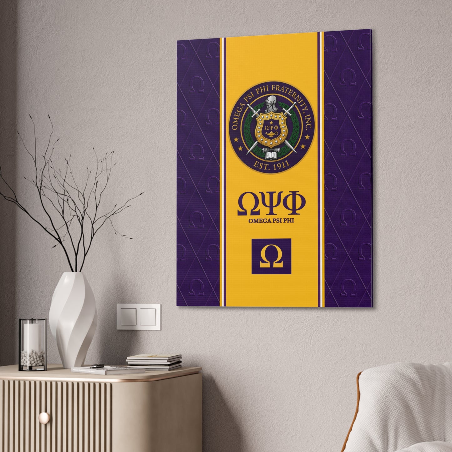 Omega Psi Phi Crest Vertical Wall Canvas 2.5