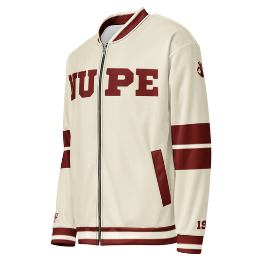 NUPE bomber jacket in crimson and cream varsity style